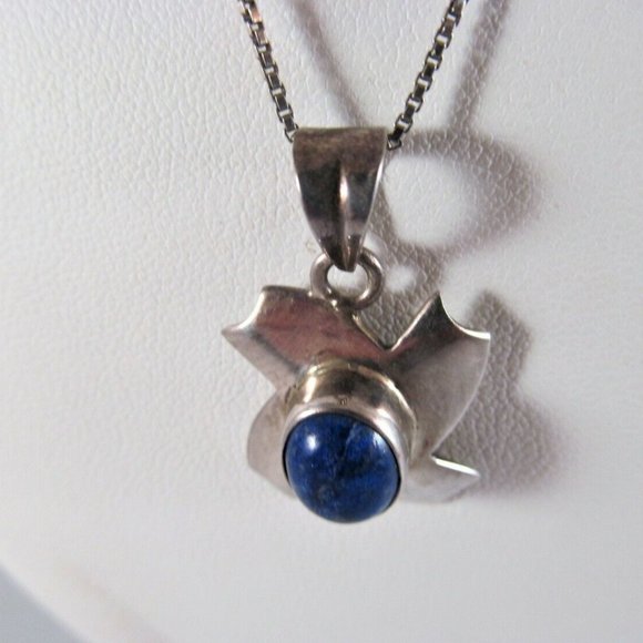 Sterling 925 Silver Lapis Lazuli Gemstone Abstract Pendant Necklace Vintage - Picture 3 of 9